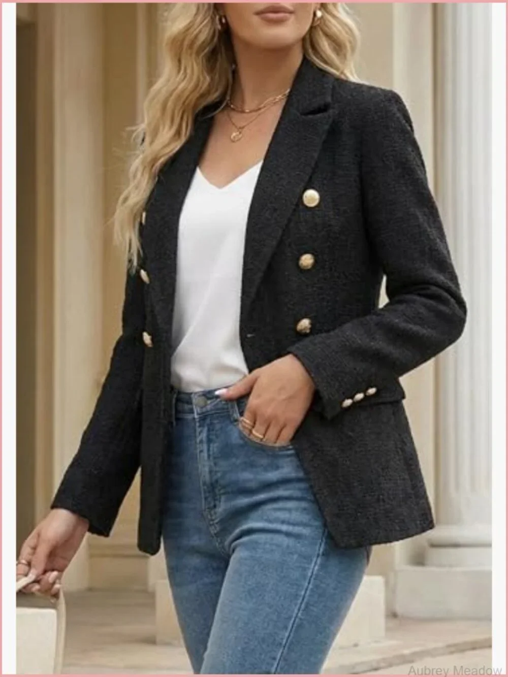 Double Breasted Tweed Blazer with Pockets Long Sleeve Office Jacket